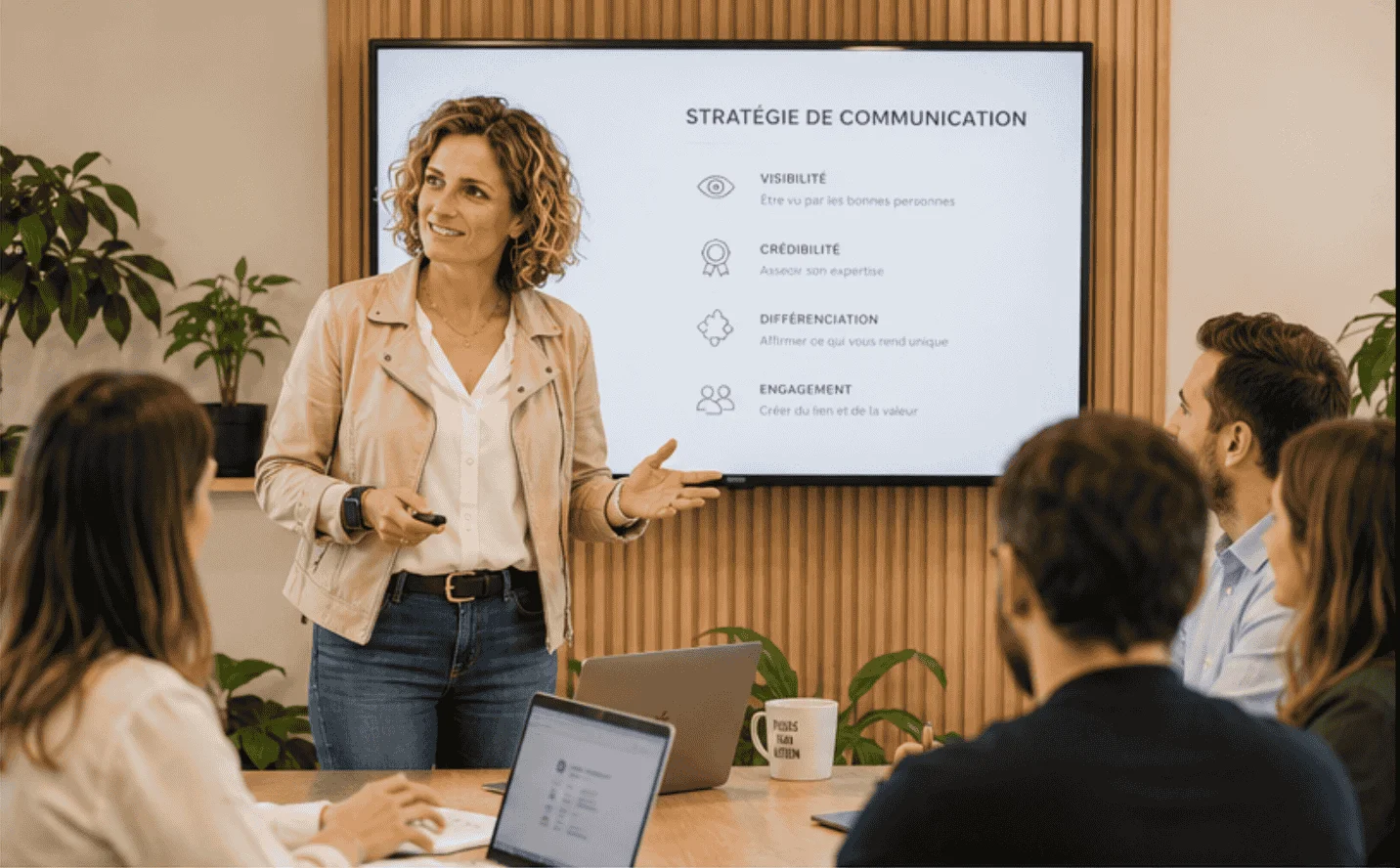 Consultante en communication présentant une stratégie de communication à une équipe en salle de réunion