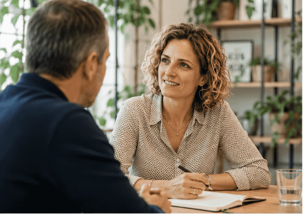 Consultant en communication en entretien stratégique avec un dirigeant de PME
