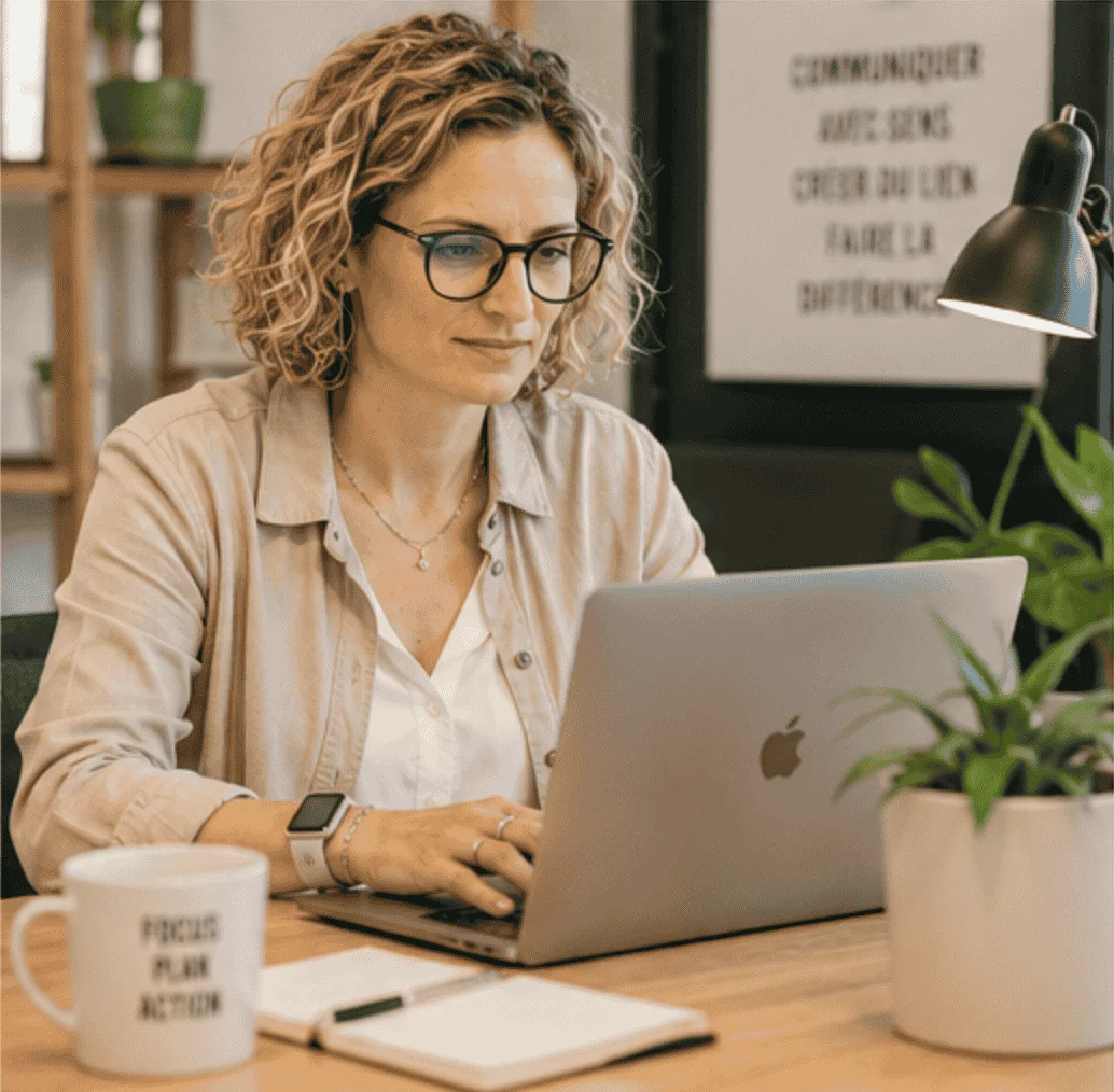 Consultante en communication travaillant sur une stratégie digitale pour PME
